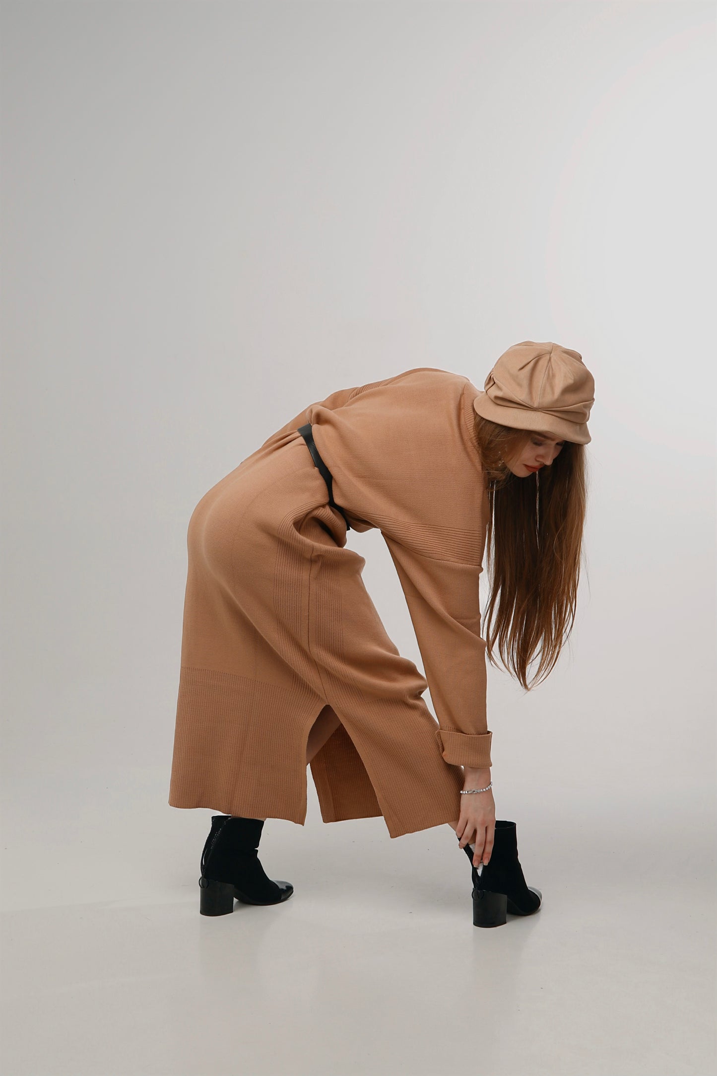 Beige Long Knit Dress with Zipper - One Size